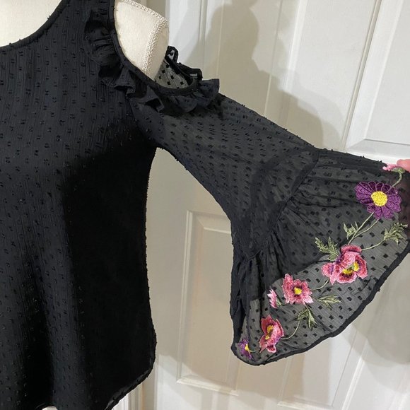 S Blue Rain Top with Embroidered Flowers on the Bell Sleeve Cuffs - Picture 5 of 10